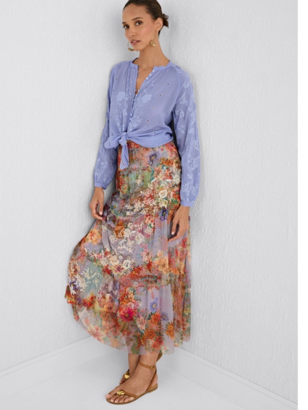 Johnny Was KATY MESH SKIRT
Lavender & Multi Floral embroidered Tiered Maxi Sz M